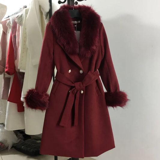 Fur Coat Winter Jacket Women Fox Fur Collar Cashmere Wool Blends double breasted Long Outerwear Ladies