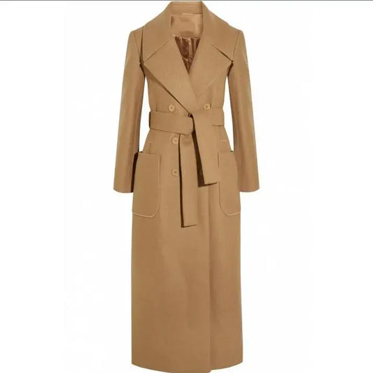 autumn winter fashion camel  belt Women wool blends coat slim turn-down collar long woolen coat