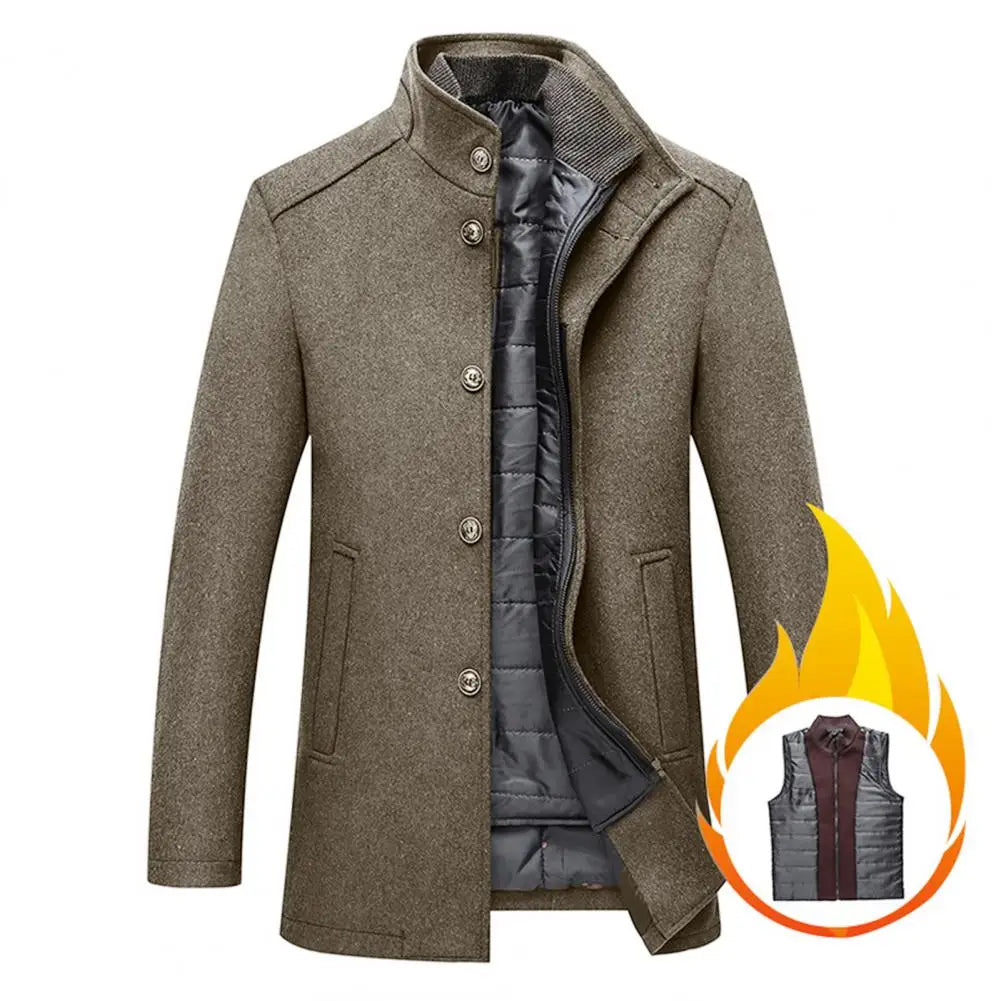 Men Woolen Jacket Waistcoat Two Peices Set Casual Wool Blend Coat Men Winter Mid-Length Thickened Men Overcoat With Waistcoat